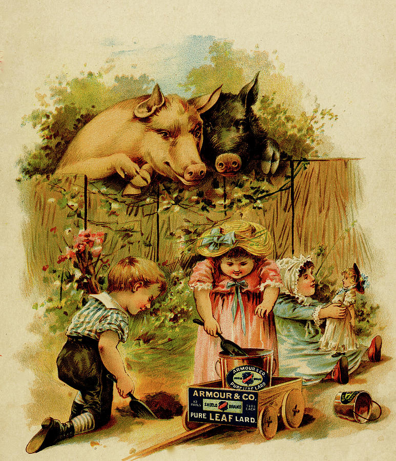 Pigs look over fence at children scooping earth in to a lard bucket Painting by Unknown