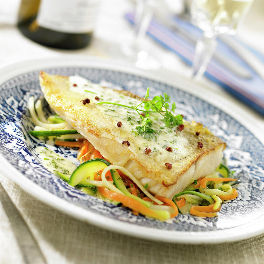 Pike-perch Fillet In Vouvray, Pear And Chervil Sauce, Thinly Sliced Vegetables Photograph by A Point Studio