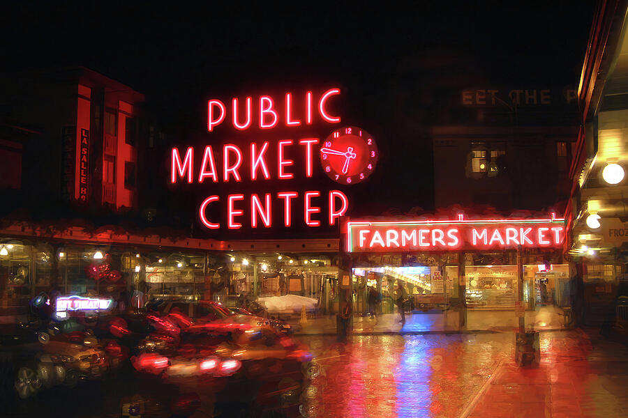Pike Place Public Market Seattle Washington by Night Photograph by Carol Japp