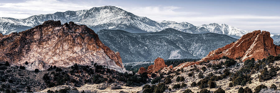 Pikes Peak Colorado Springs Mountain Landscape and Garden of the Gods 3x1 Photograph by Gregory Ballos