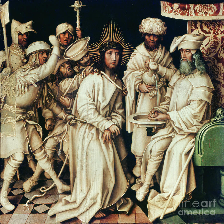 Jesus Christ Painting - Pilate Washing His Hands, Left Panel From A Triptych, 1496 Oil On Panel by Hans Holbein The Elder