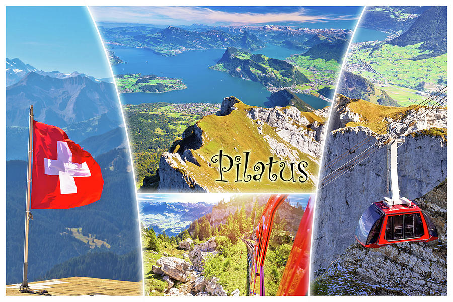 Pilatus mountain peak and Lucerne lake postcard collage view wit Photograph by Brch Photography