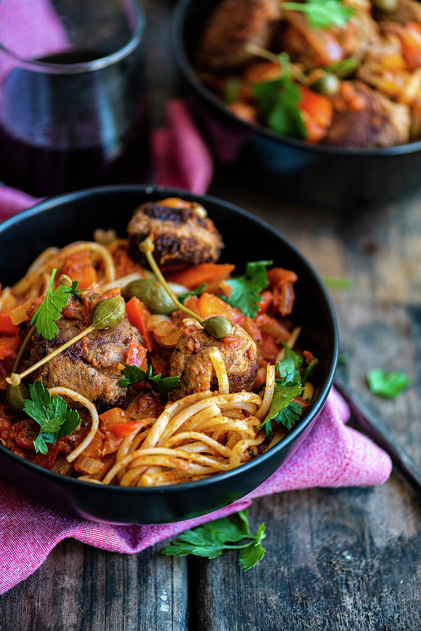 Pilchard Meatballs In Tomato Sauce With Spaghetti Photograph by Hein Van Tonder