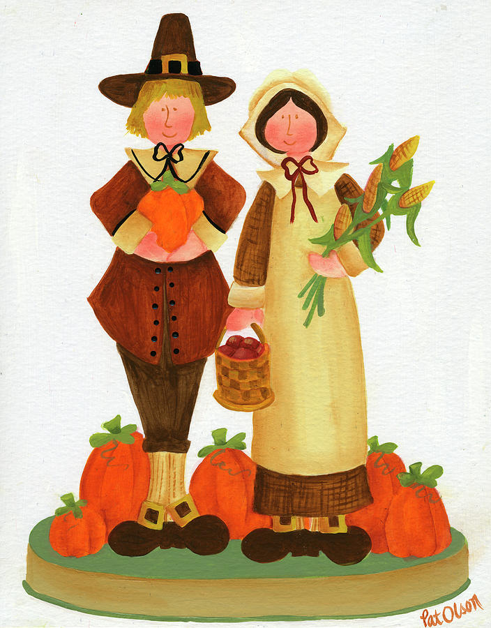 Thanksgiving Painting - Pilgrims With Pumpkins by Pat Olson Fine Art And Whimsy