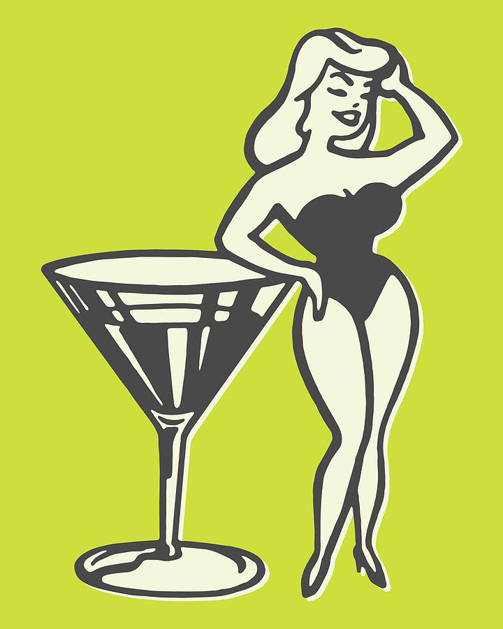 Martini Drawing - Pin Up Girl Next to Large Martini by CSA Images