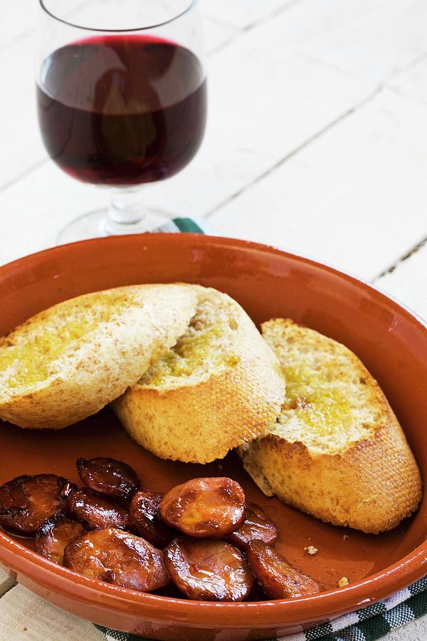 Pinchos With Chorizo, Served With Red Wine spain Photograph by Dudley Wood