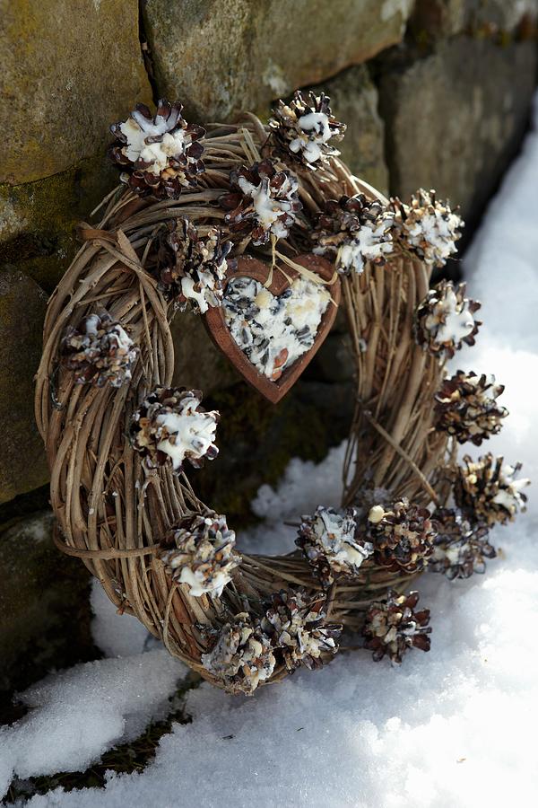 Pine Cones Stuffed With Bird Food Decorating Willow Wreath Propped Up In Snow Photograph by Greenhaus Press