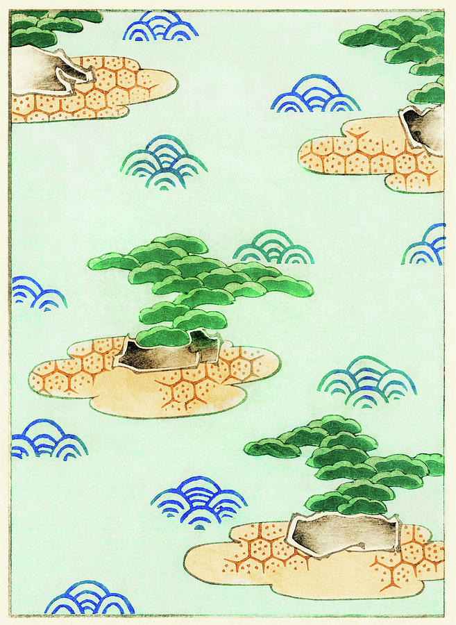 Pine tree japanese style gardens - Japanese traditional pattern design Painting by Watanabe Seitei