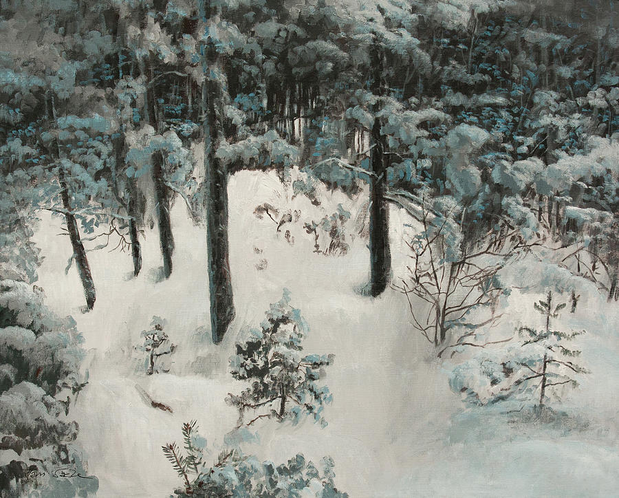 Pine Tree Trunks in Snow Painting by Hans Egil Saele