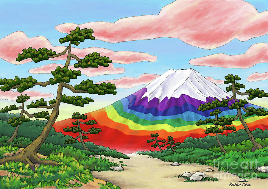 Pine Trees And Rainbow Colored Mt  Fuji , 2023 Digital Painting Digital Art by Kunio Ota