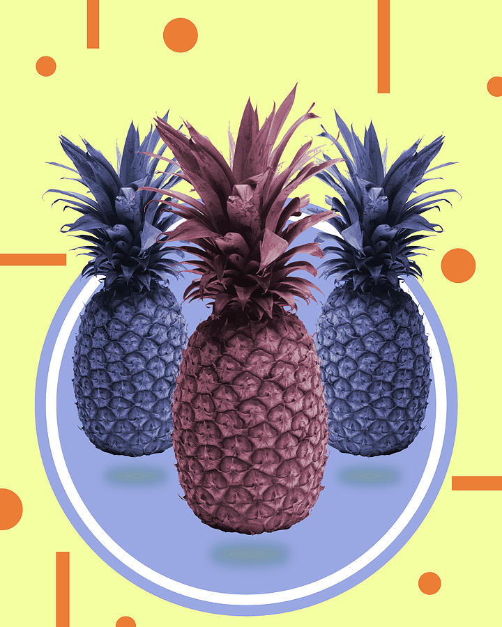 Pineapple Print - Tropical Decor - Botanical Print - Pineapple Wall Art - Yellow, Blue - Minimal Mixed Media by Studio Grafiikka