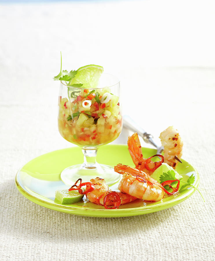 Pineapple Salsa With Fried Prawns On A Green Plate Photograph by Teubner Foodfoto