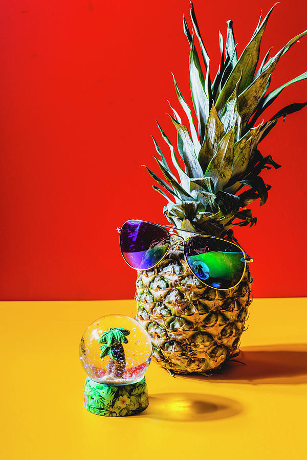 Pineapple With Sunglasses In Front Of A Snow Globe With A Mini Palm Tree Photograph by Susan Brooks-dammann