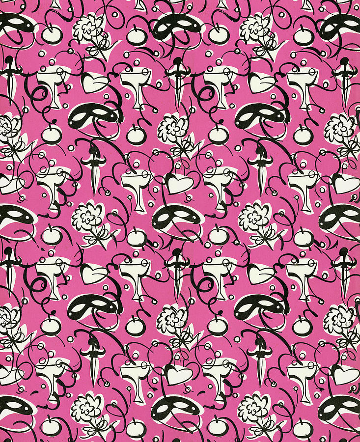 Vintage Drawing - Pink and Black Mask Pattern by CSA Images