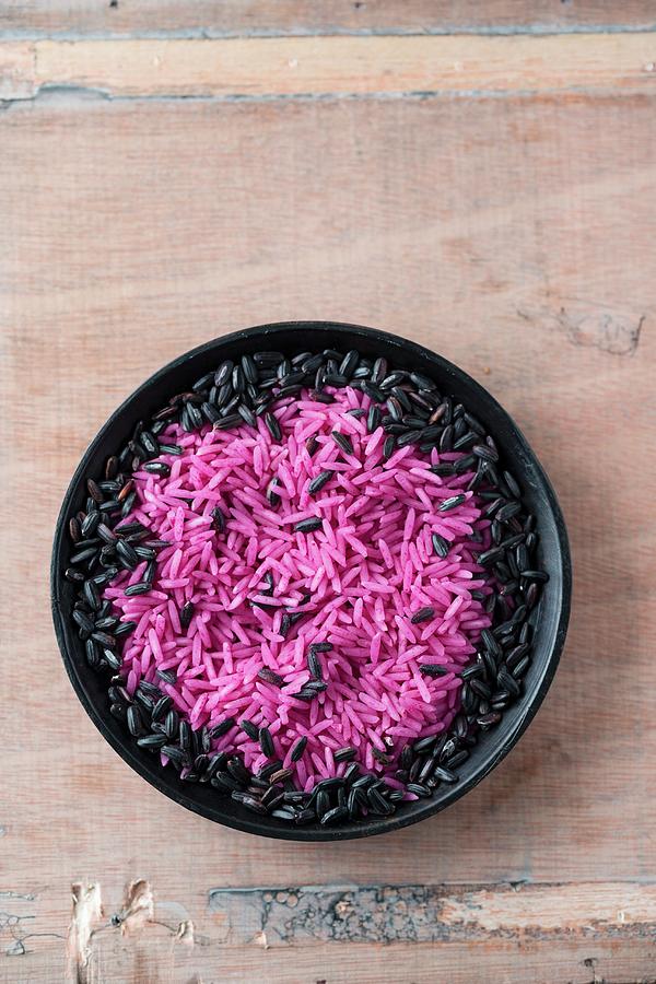 Pink And Black Rice In Bowl top View Photograph by Mandy Reschke