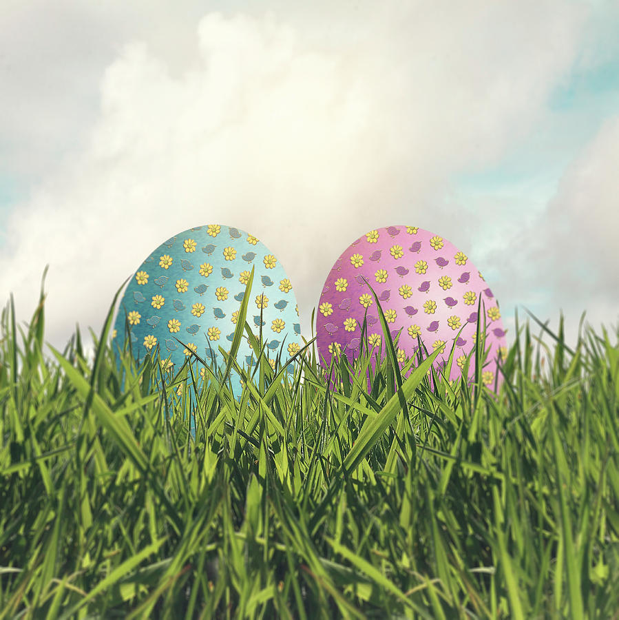 Pink And Blue Floral Easter Eggs On A Bed Of Grass Photograph by Ethiriel Photography