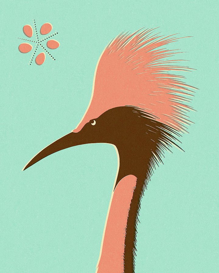 Crane Drawing - Pink and Brown Crane on Blue Background by CSA Images