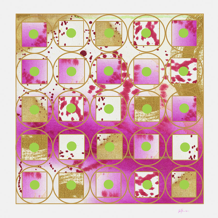 Abstract Painting - Pink And Gold Grid II  With Green Dotscopy by Pamela A. Johnson