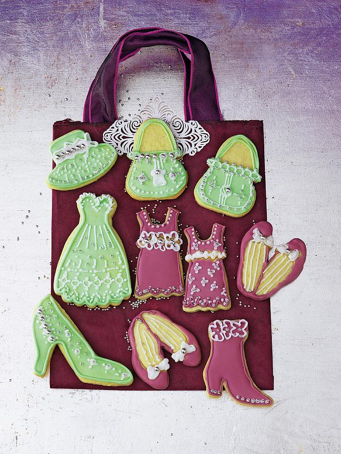 Pink And Green Fashion Biscuits Shaped Like Handbags, Dresses And Shoes Photograph by Jalag / Julia Hoersch