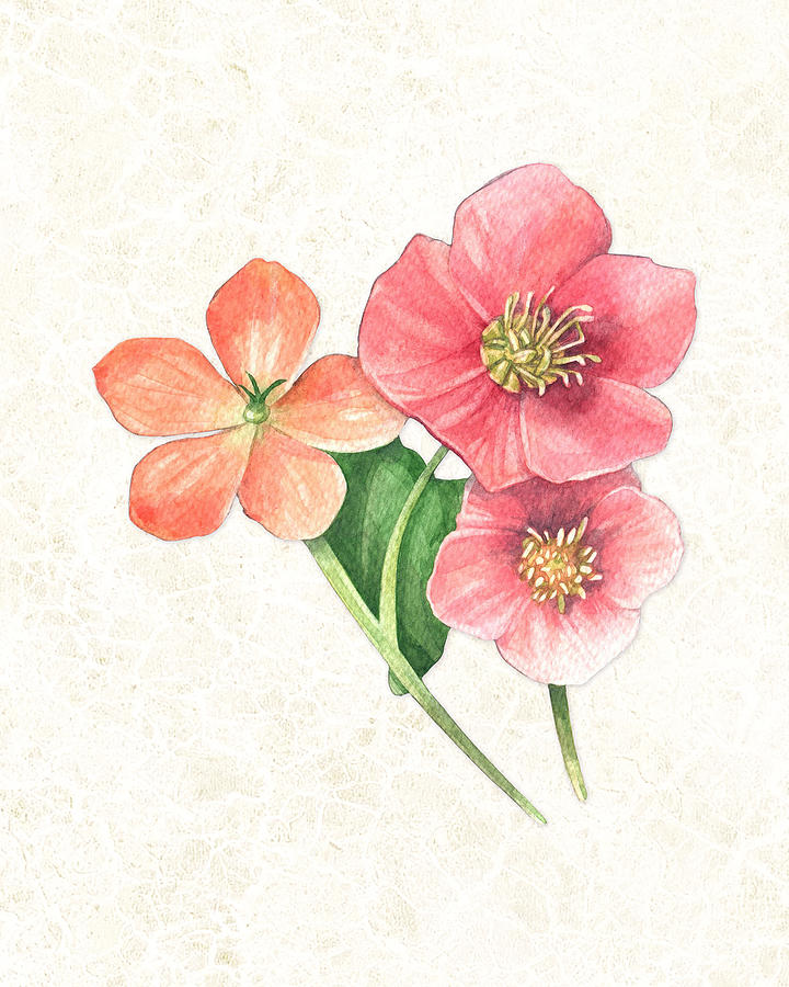 Pink and Orange Flowers on Subtle Cream Marble Painting by Elaine