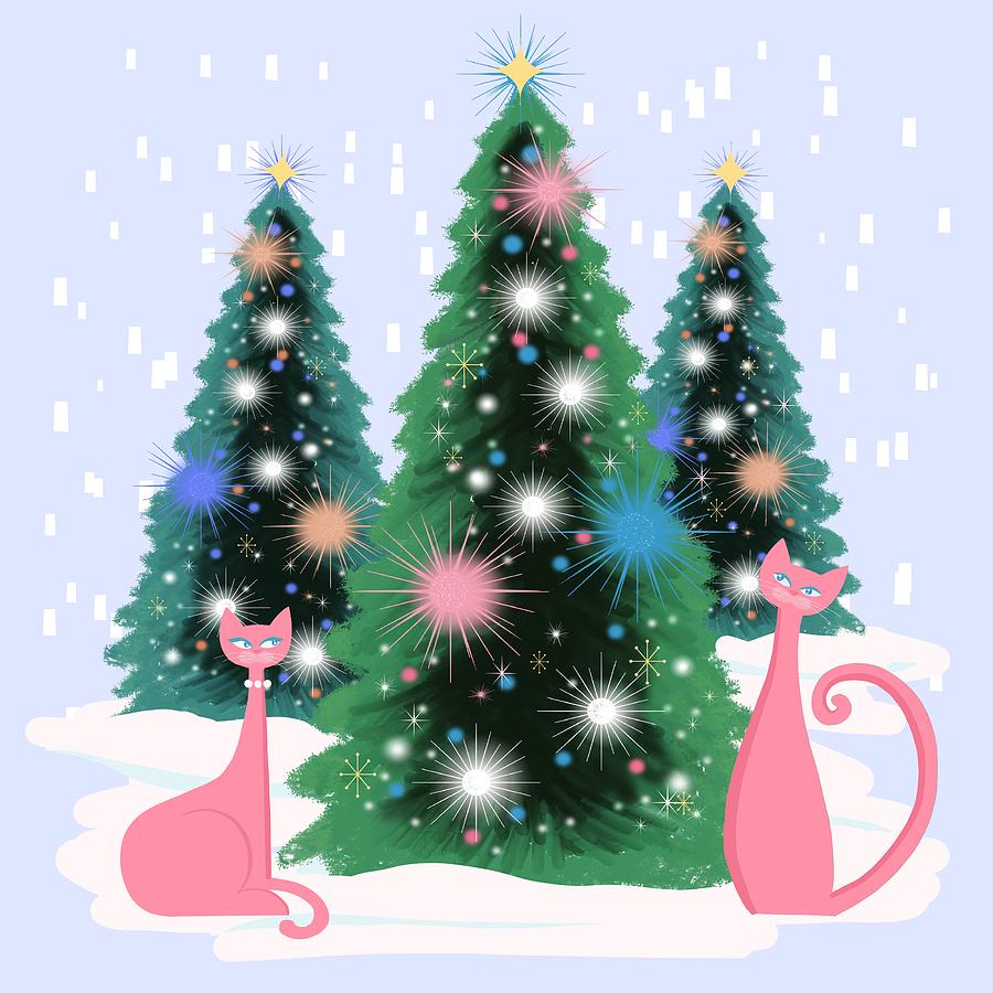 Christmas Painting - Pink And Perfect Kitty Cats In The Sparkling Snow by Little Bunny Sunshine