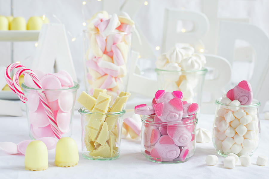 Pink And White Sweets In Jars Photograph by Esther Hildebrandt