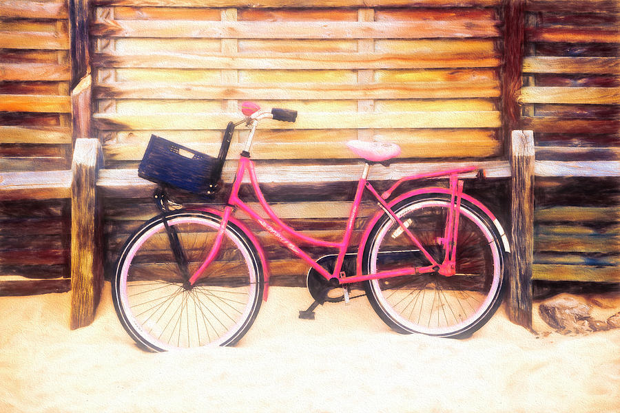 Pink Bike at the Beach Watercolor Painting Photograph by Debra and Dave Vanderlaan