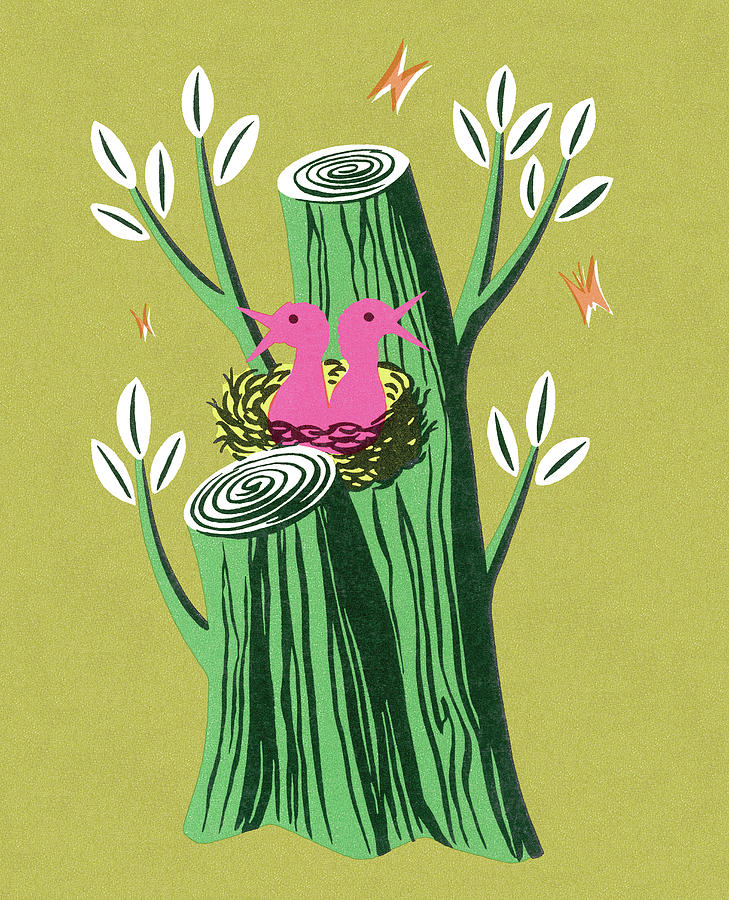 Nature Drawing - Pink Birds in a Green Tree Stump by CSA Images