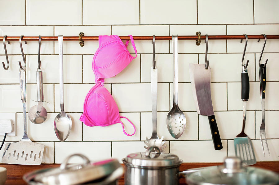 Still Life Digital Art - Pink Bra Hanging In Kitchen by Ian Nolan