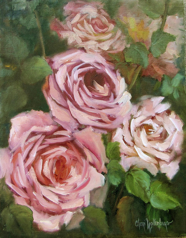 Pink Cabbage Roses I Painting by Cheri Wollenberg