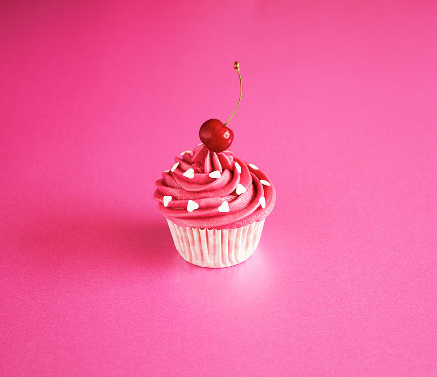 Still Life Photograph - Pink Cake On Pink With Cherry by Tom Quartermaine