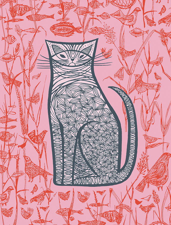 Abstract Drawing - Pink Cat; Fish; Birds by CSA Images