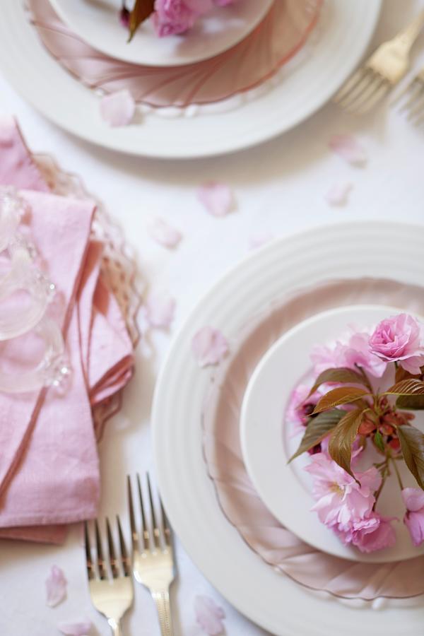Pink Cherry Blossoms Decorating A Place Setting On A Wedding Reception Table Photograph by Katharine Pollak