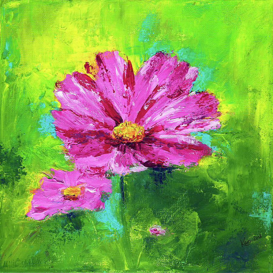 Pink Cosmos Flowers Acrylic Painting Karen Kaspar 