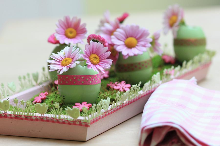 Pink Daisies In Green-dyed Egg Shells Arranged On Wooden Tray Photograph by Ruth Laing