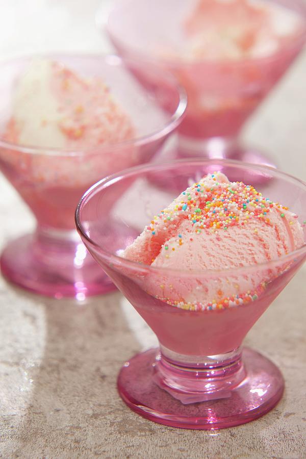 Pink Dessert Bowl Of Ice Cream Decorated With Sugar Sprinkles Photograph by Great Stock!