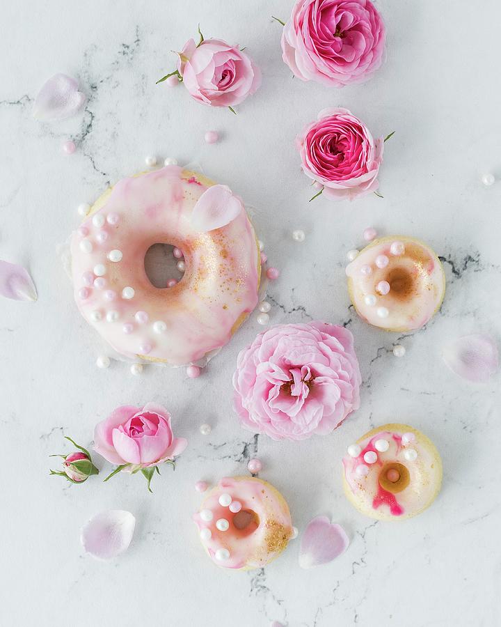 Pink Doughnuts And Pink Flowers Photograph by Emma Friedrichs