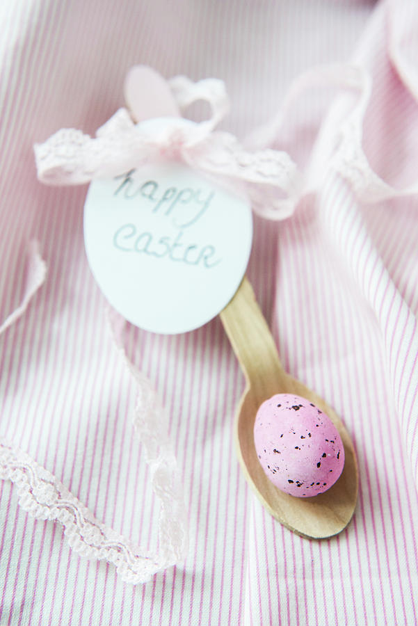 Pink Easter Egg On Wooden Spoon With Tag Photograph by Ruud Pos