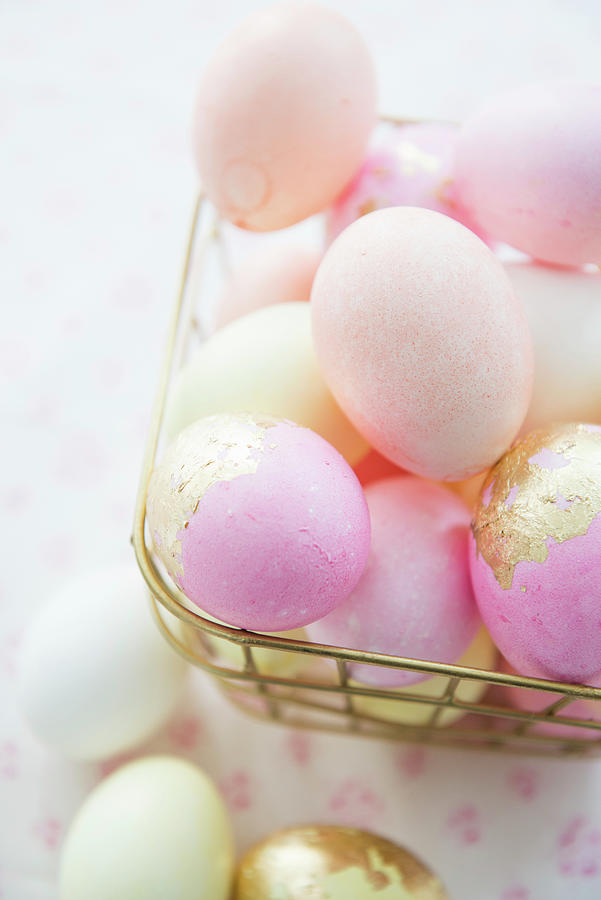 Pink Eggs With Gold Leaf In Wire Basket Photograph by Ruud Pos - Fine ...