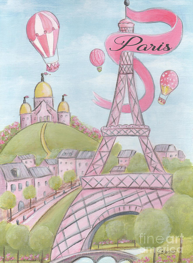 Pink Eiffel Tower With Hot Air Balloons Painting by Debbie Cerone