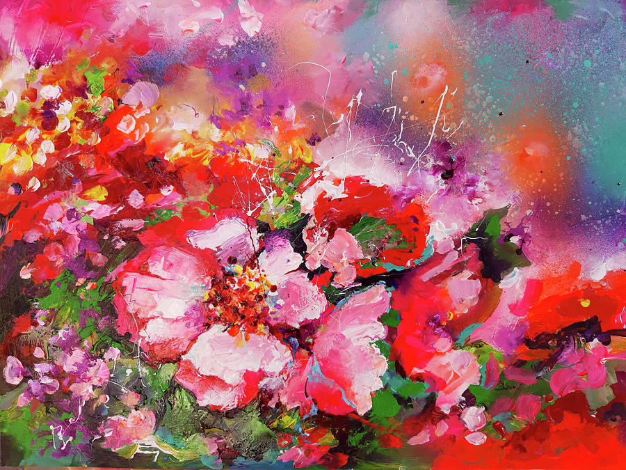 Pink Flowers Bloom Original Abstract Painting Painting