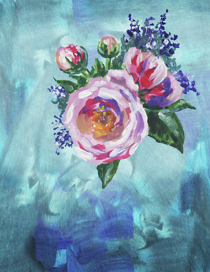 Pink Garden Rose On Teal Floral Impressionism Painting by Irina Sztukowski
