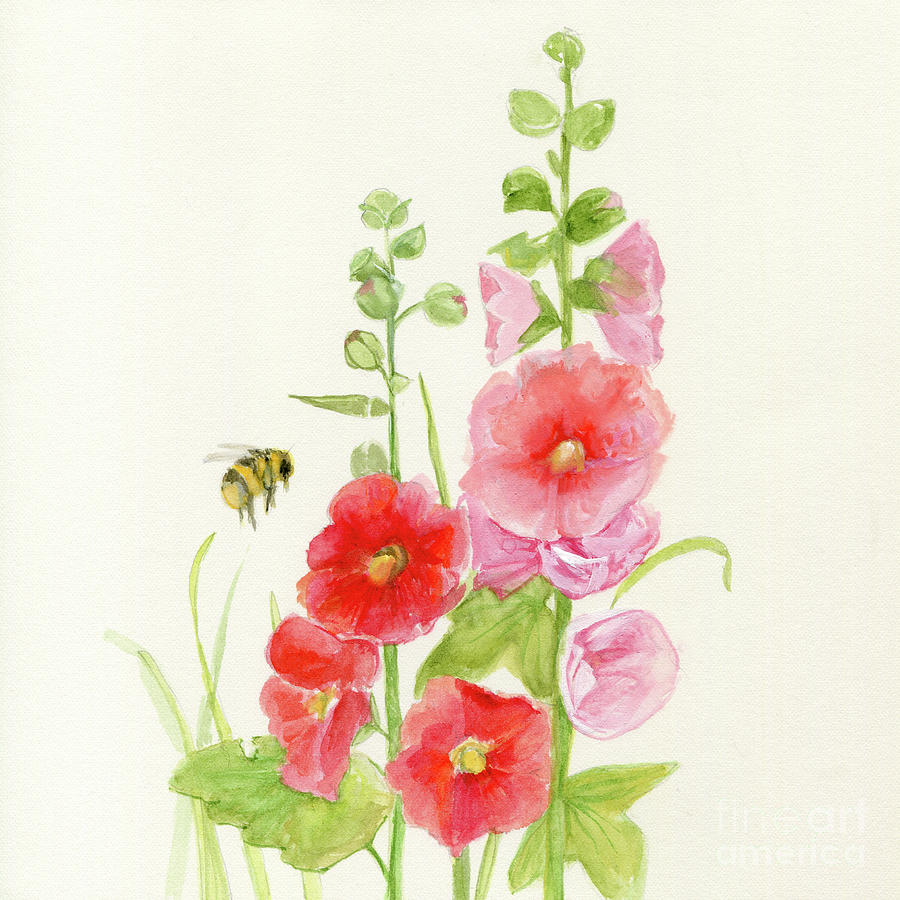 Pink Hollyhock Watercolor Painting by Laurie Rohner