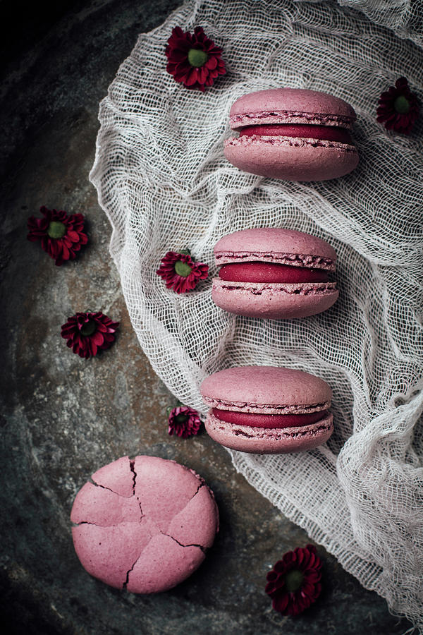 Pink Macarons On A Cheesecloth Photograph by Kate Prihodko