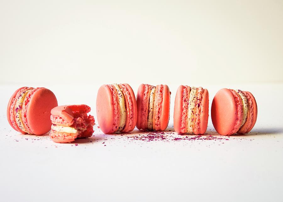 Pink Macarons With White Ganache And Raspberry Jam Photograph by Lisa Rees