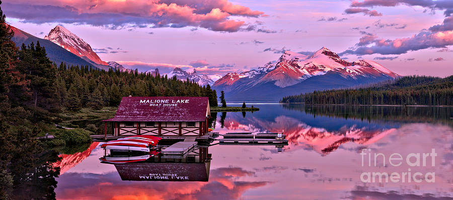 Pink Maligne Lake Sunset Panorama Photograph by Adam Jewell