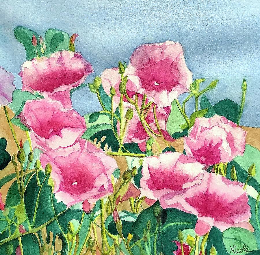 Pink Morning Glorys at the Beach Painting by Nicole Curreri