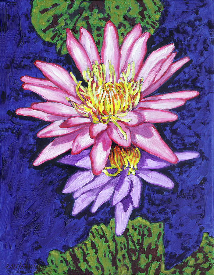 Flower Painting - Pink on Blue by John Lautermilch