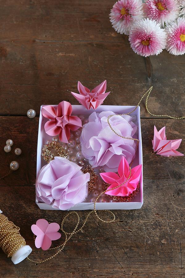 Pink Origami Flowers And Lilac Fabric Flowers Photograph by Regina Hippel