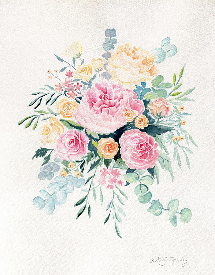 Nature Painting - Pink Peonies and Rose Watercolor by Melly Terpening